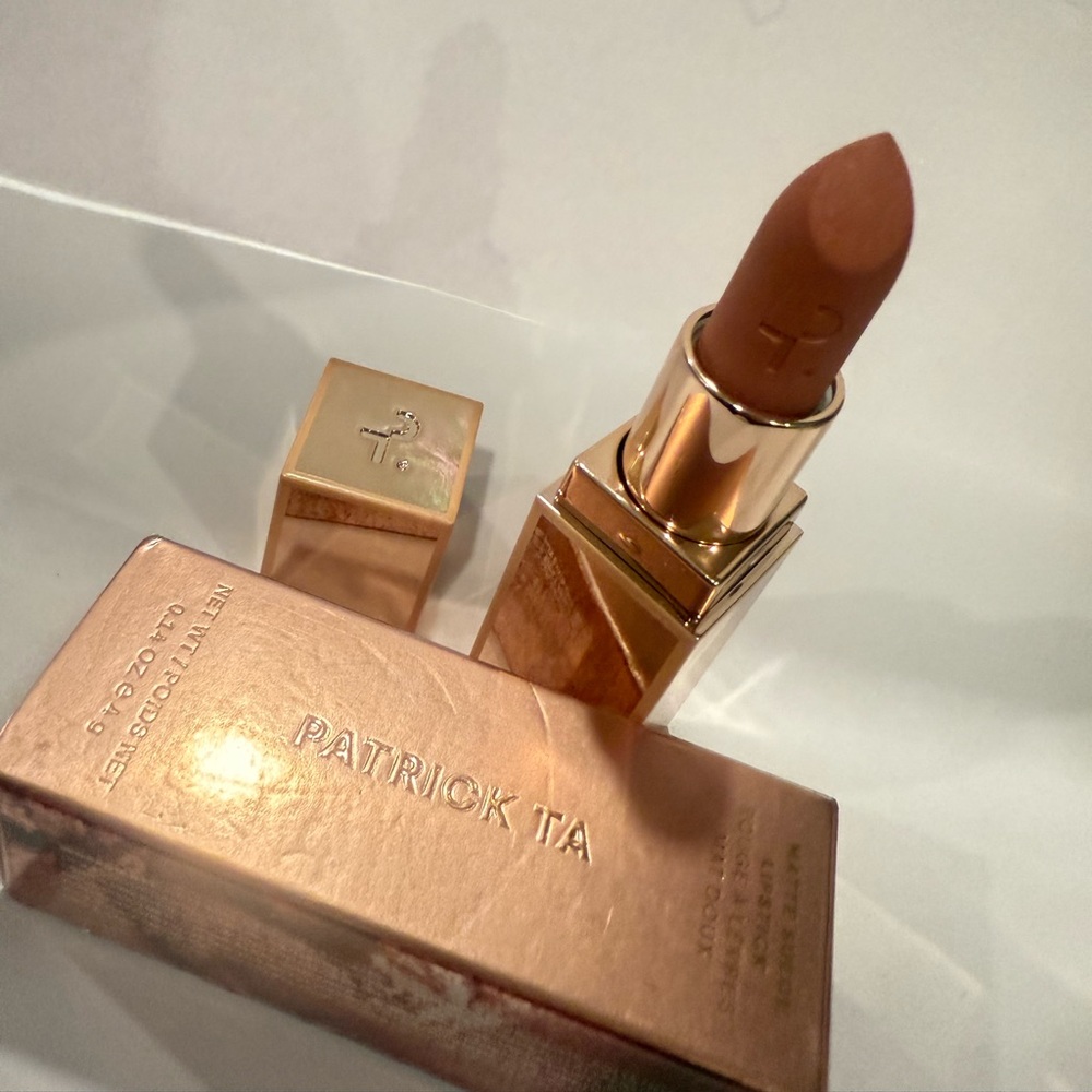 Patrick Ta Warm Nude Brown Lipstick — Satin Rose-Gold Tube